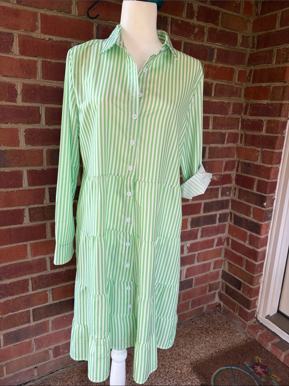 Striped Tiered Button-up Dress in Mint Green and White